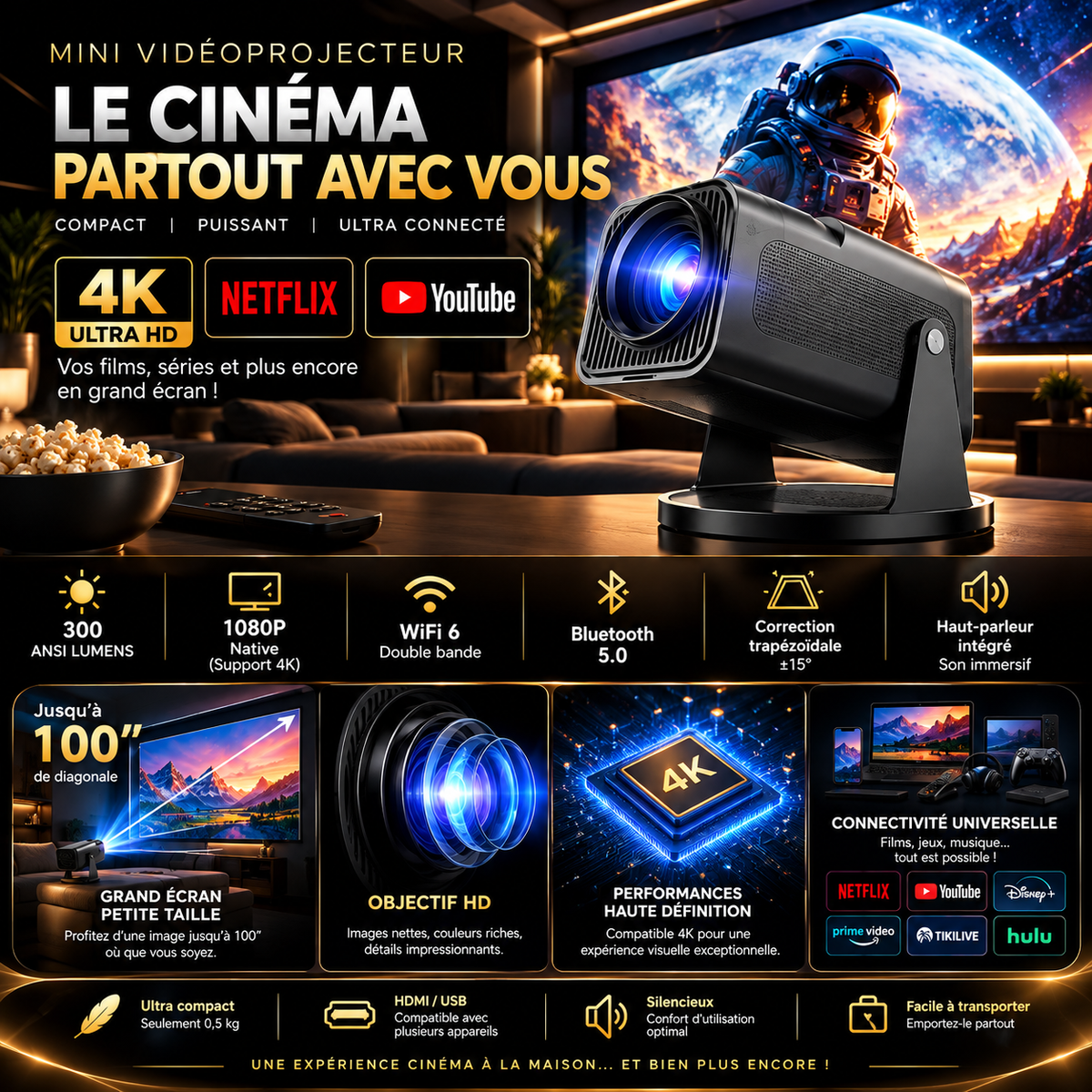 Kult - Mini projecteur Full HD, image jusqu'à 200"